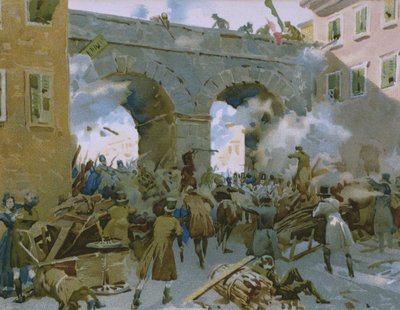 Eventos de 18 a 22 de março de 1848, milaneses perseguindo os austríacos, ilustração de um álbum sobre a história do Risorgimento feito para o chocolate Talmone, final do século XIX de Italian School