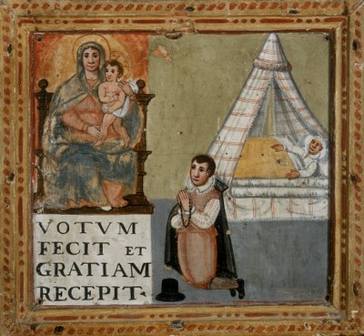 Ex-voto representando um homem agradecendo a Virgem de joelhos por ter sido curado de uma doença, 1604 de Italian School