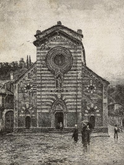 Fachada da Catedral de Bellano, Lago Como, Itália, gravura de desenho de Quinto Michetti, de L