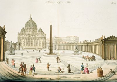 Fachada de São Pedro em Roma com a Piazza em frente, placa 25 da parte III da história das Nações, gravada por G. Lago de Italian School