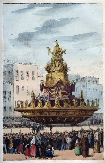 Festa de Santa Rosalia de Palermo (1130-1160), padroeira de Palermo - Festa de Santa Rosalia - (padroeira de Palermo na Itália) ll Festino di Santa Rosalia a Palermo na Sicília - Festa de Santa Rosalia - gravura de "Usi e Costumi di Tutt de Italian School