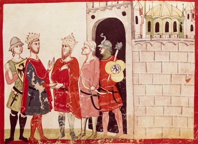 Federico II chegando a um acordo com o Sultão de Jerusalém, miniatura das Crônicas de Giovanni Villani, manuscrito, Itália do século XIV. de Italian School