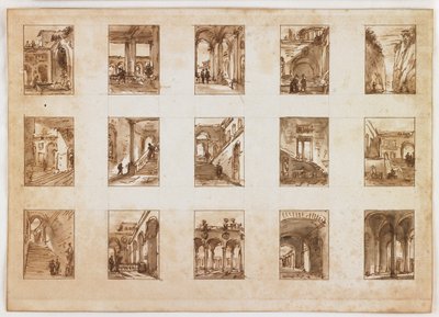 Quinze exibições arquitetônicas e italianas em miniatura (caneta e tinta marrom com grafite sobre papel) de Italian School