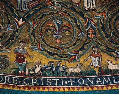Figuras de pastores e animais, detalhe do Triunfo da Cruz a partir do medalhão de abside (mosaico) de Italian School