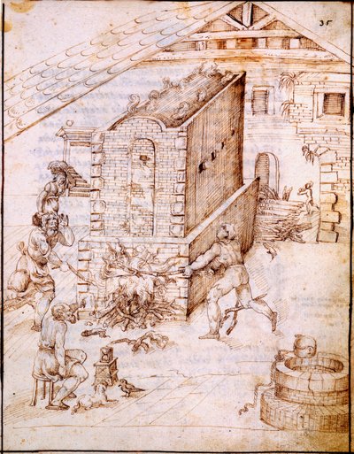 Disparando um forno adiantado, c.1630s (pergaminho manuscrito) de Italian School