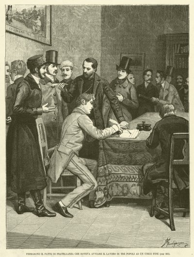 Eles assinaram o Pacto de Irmandade que deveria iniciar o Trabalho de Três Povos para um Fim (gravura) de Italian School
