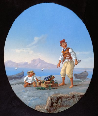 Pescador na praia, com a ilha de Capri no fundo de Italian School
