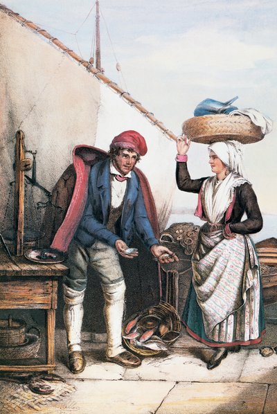 Peixeiro e camponês, ilustração de Costumes de Ístria, Itália de Italian School