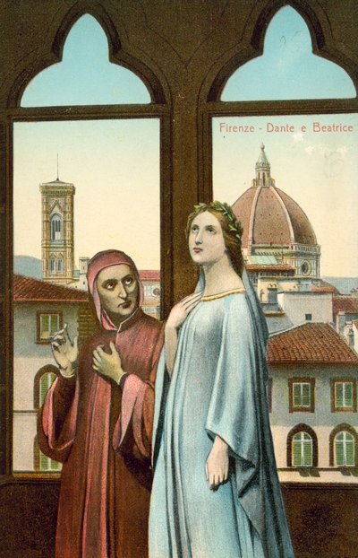 Florença, Dante e Beatrice (litografia a cores) de Italian School