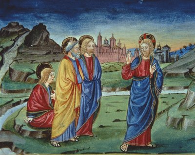 Fol.103v Após a Transfiguração Cristo diz aos apóstolos para não revelar isso até depois da Ressurreição (velino) (detalhe) de Italian School
