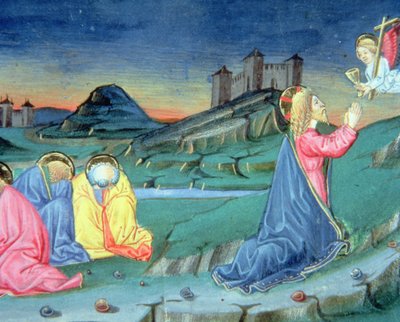 Fol.104r Tendo orado no Monte das Oliveiras um anjo chega para confortar Cristo (velino) de Italian School