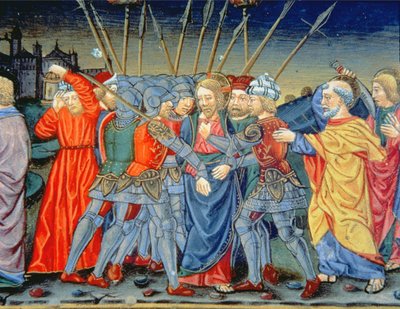 Fol.105v Simon Peter defende Cristo e feriu um soldado com uma espada (vellum) de Italian School