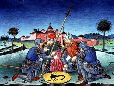 Fol.118v Soldados lançam lotes para a túnica de Cristo (vellum) de Italian School
