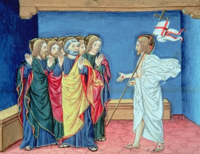 Fol.132va O Cristo ressuscitado mostra aos discípulos suas mãos e a ferida em seu lado (velino) de Italian School