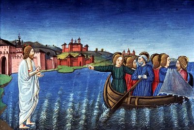 Fol.134r Os discípulos pescam no lago da Galiléia (velino) de Italian School