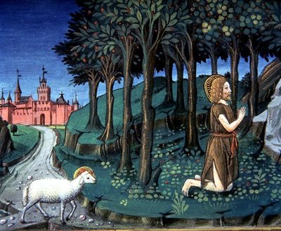 Fol.143v São João Batista reza no deserto (velino) de Italian School