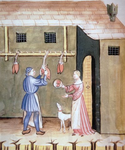 Fol.78v Os açougueiros: vendendo corações de animais, do Tacuinum Sanitatis Codex Vindobonensis de Italian School