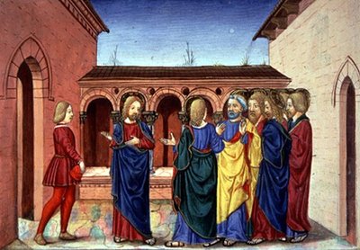 Fol.91v Cristo anuncia que a doença de Lázaro não é fatal (velino) de Italian School