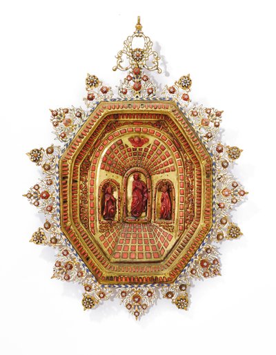 Moldura retratando a Virgem Maria, Trapani, início do século 17 (cobre dourado, esmalte e coral) de Italian School