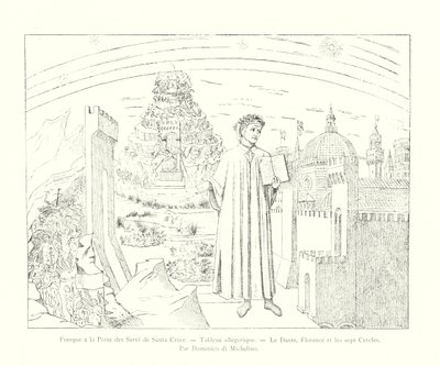 Fresco na Porta dei Servi em Santa Croce, pintura alegórica, Dante, Florença e os sete círculos, de Domenico di Michelino (gravura) de Italian School