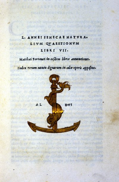 Frontispício de "Naturalium Questionum Libri VII" ou "Livro VII de Perguntas Naturais" de Seneque o Filósofo ou Lucius Annaeus Seneca (2 AC - 65 DC). JC), impresso em 1503 por Aldo Manuzio (Alde Manonce) (1450 - 1515), estudioso e impressor veneziano. de Italian School