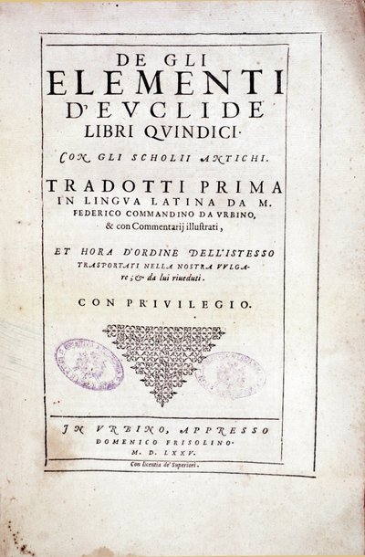 Frontispício do volume XV "Elementos" do matemático grego Euclides (século III a.C.) de Italian School