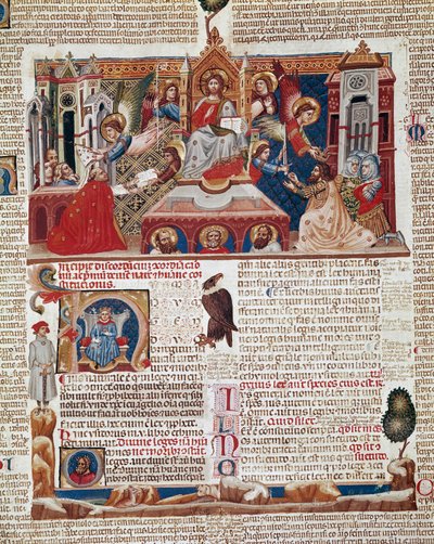 Página de Frontispício do manuscrito do "Decret de Gratien" ("Concordia discordantium canonum" ou "Decretum Gratiani") datado de 1140 e que regula as leis e os cânones da Igreja Católica Romana. Século XIV Siena, Biblioteca degli Intronati de Italian School