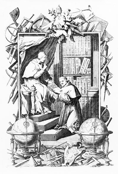 Frontispício da Biblioteca Universal Sacro-Profana, Vol. 1 de Vincenzo Coronelli, estampa de Alessandro Dalla Via, publicada em 1701 de Italian School