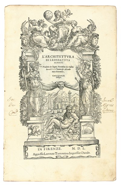 Frontispício de L&39;Architettura, de Leon Battista Alberti (1404-72), traduzido para o italiano por Cosimo Bartoli (1503-72). Florença: Lorenzo Torrentino de Italian School