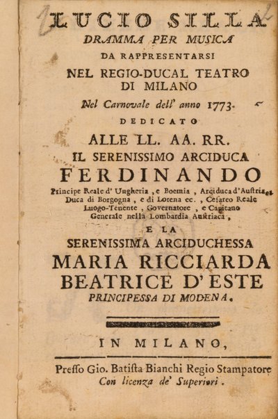Frontispício do Mozarts Lucio Silla, realizado em Milão em 1773 de Italian School
