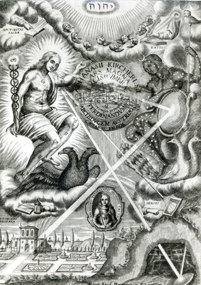 Grande frontispício Arte de luz e sombra, por Athanasius Kircher (1601-1680), Roma, 1646 de Italian School