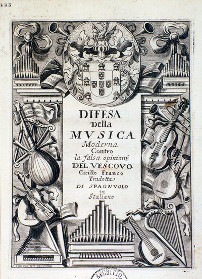 Frontispício da Defesa da música moderna: contra a falsa opinião do Bispo Cirillo Franco, do Rei James IV de Portugal de Italian School