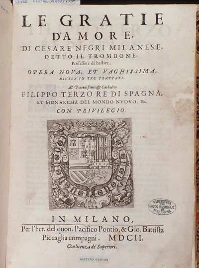 Frontispiece de Le Gratie dAmore (as benevolências do amor) pelo dançarino italiano Cesare Negri chamou o Trombone (1536-1604), tratado na dança de Italian School
