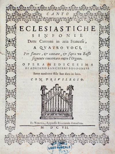 Frontispício da partitura musical do Concerto 5 em "" Canções francesas "" de Adriano Banchieri de Italian School