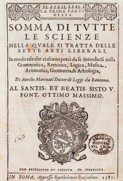 Frontispício retirado de Somma di tutte le scienze, ensaio sobre as artes liberais, de Aurelio Marinati de Italian School
