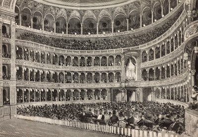 Noite de gala no teatro Costanzo em homenagem ao príncipe herdeiro da Alemanha (futuro Frederico III), Roma, Itália, gravura de desenho de Dante Paolocci, de L