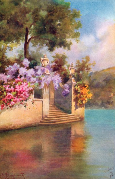 Jardins junto ao Lago Como, Itália (litografia a cores) de Italian School