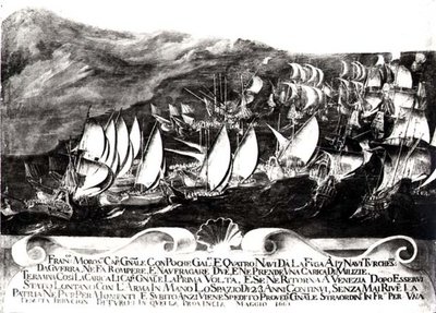 General Francisco Morosini (1618-94) e a frota veneziana em um encontro com a frota turca na costa de Creta, maio de 1661 de Italian School