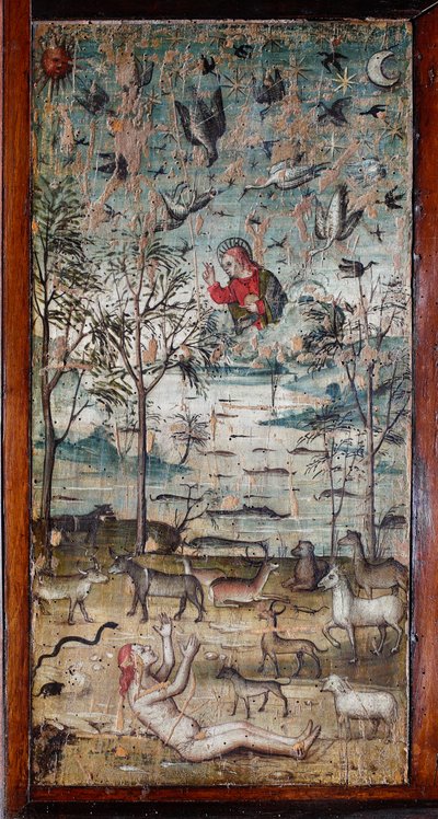 Deus cria Adão, animal, terra, céu e água Pintura em madeira decorando um painel de gabinete da antiga sacristia de Bramante (Pintura na sacristia de Bramante) Basílica de Santa Maria delle Grazie, Milão, Itália de Italian School