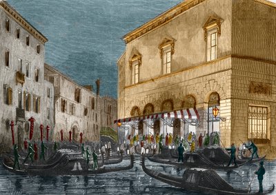 Gondoleiros à espera de espectadores fora do Teatro La Fenice, Veneza, Itália, do Le Monde Illustre n ° 564, 1868 de Italian School