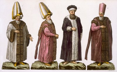 Grande Visir, Caim-Mecam, Reis-Efendi e Khodjakian, prato 15 da Parte III, Volume I de A História das Nações, gravado por C. Botticella (aquatint) de Italian School