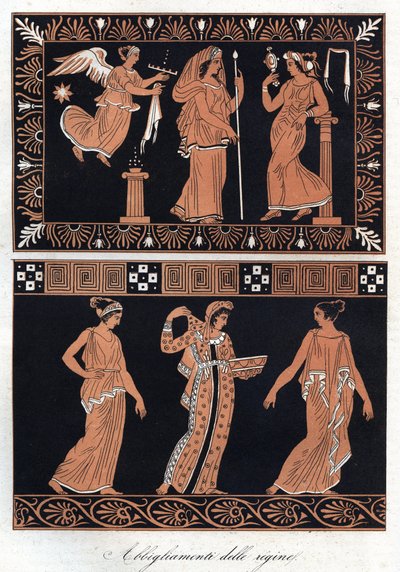 Greek Queens Dresses - rainhas dos vestidos gregos - gravura de "Uses and Customs of All the Peoples of the Universe". Ou História do Governo, Leis, Milícias, Religião de Todas as Nações desde os tempos mais remotos até ao dia de hoje" 1856 de Italian School