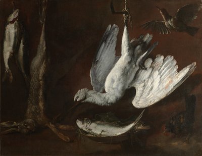 Lebre, colhereiro e peixe, meados de 1600 (óleo sobre tela) de Italian School