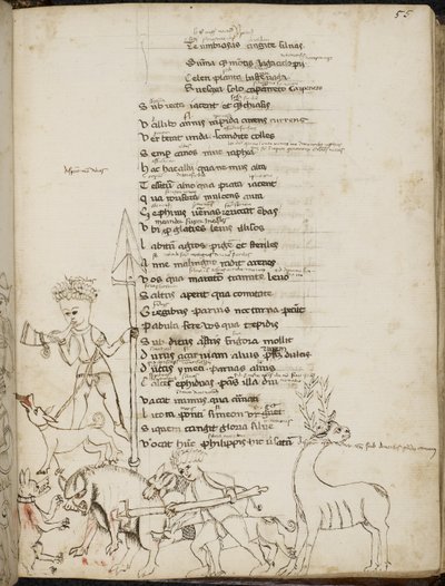Harley 2453, f.55 Uma cena de caça com um javali, um veado, caçadores, cães e uma lebre, de 