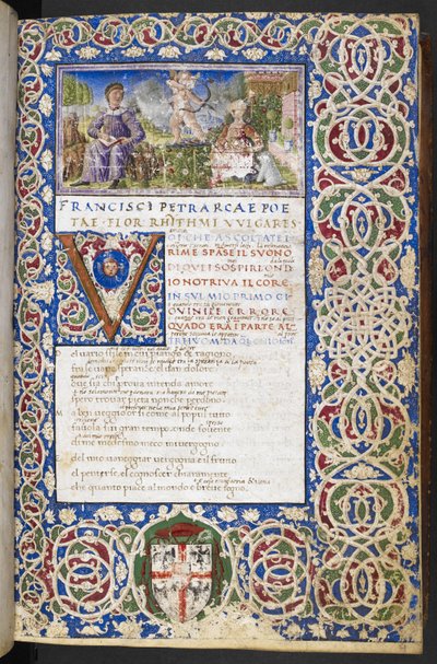Harley 3567, f.9 Miniatura de Petrarca e Laura, com Amor apontando a sua flecha para Laura, de "Rime e Trionfi de Italian School