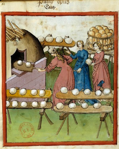 Manual de saúde: pão cozido. Miniatura do manuscrito "Tacuinum Sanitatis", Lombardia, 3º quartel do século XIV. Paris, B N de Italian School