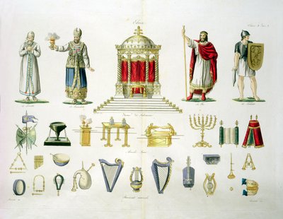 Hebreu Levi, Sacerdote, Rei e Soldado com Mobiliário Sagrado e Instrumentos Musicais, prato 2, classe 1 da Parte I de A História das Nações, gravado por Marco Comirati (c.1800-69) (aquatint) de Italian School