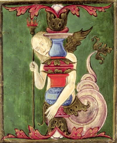 Historia do "I" inicial que representa uma Sereia Alada (vellum) de Italian School