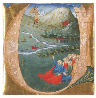 Inicial historiada representando Eliseu no Manto de Elias, recortando de um antifonário, c.1440 (tempera e folha de ouro em pergaminho) de Italian School