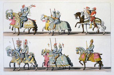 Sacro Império Romano: Participantes de um torneio no Castelo de Luxemburgo no tempo de Maximiliano I, de Costumi dei Romani, Svizzeri .. c.1800-18 de Italian School